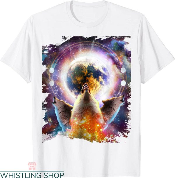 3 Wolves Moon T-Shirt 3 Three Cosmic Space Wolf Howling