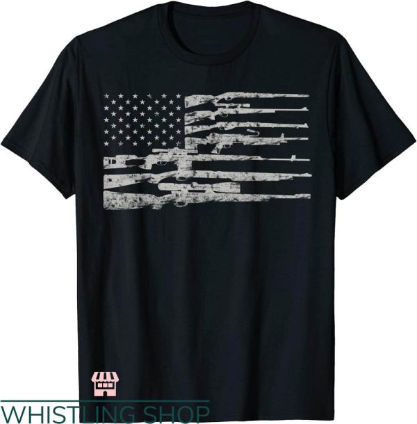 Mens Gun T-shirt American Flag With Machine Gun T-shirt