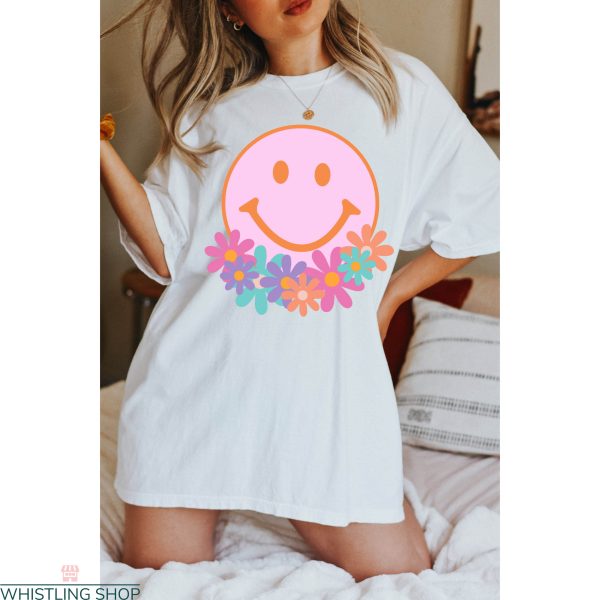 Pink Smiley Face T-Shirt Smile Happy Retro Vintage Tee