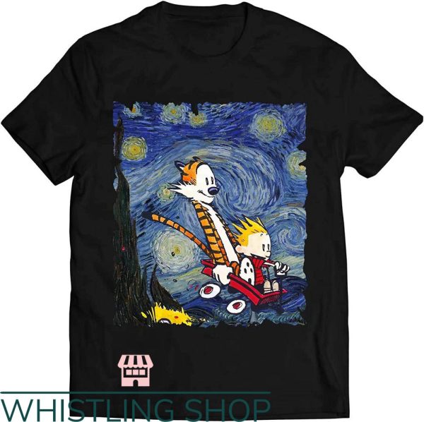 Calvin Doing Hobbes T shirt Stary Night