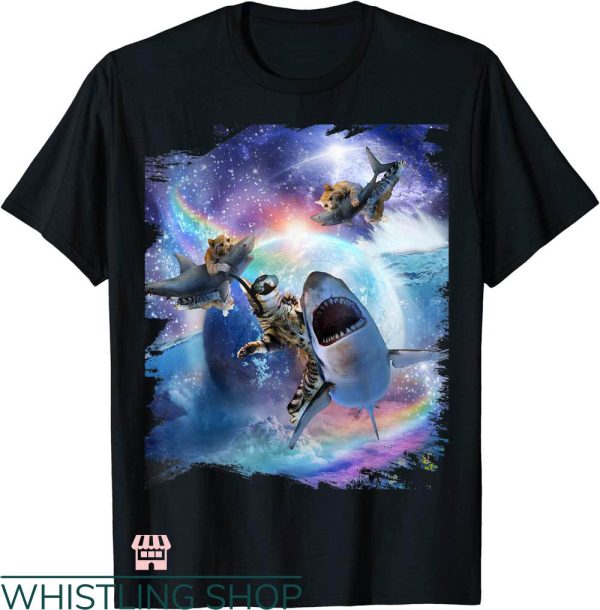 Galaxy Cat T-shirt Rainbow Galaxy Cat Riding Shark T-shirt