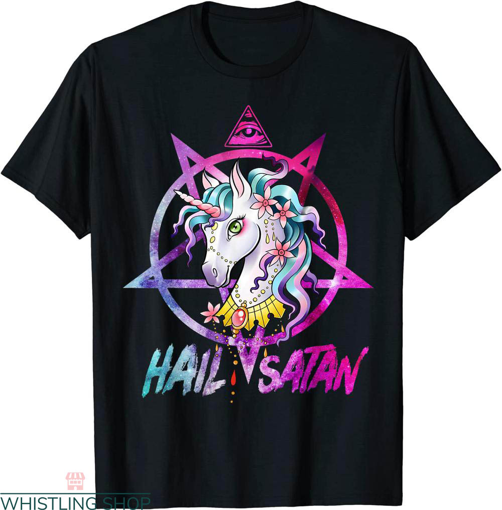 Hail Satan T-shirt Cool Satanist Unicorn Death Metal Rainbow
