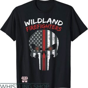 Wildland Firefighter T-Shirt USA Flag Thin Red Line Skull