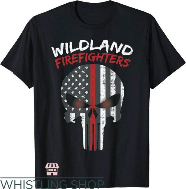 Wildland Firefighter T-Shirt USA Flag Thin Red Line Skull