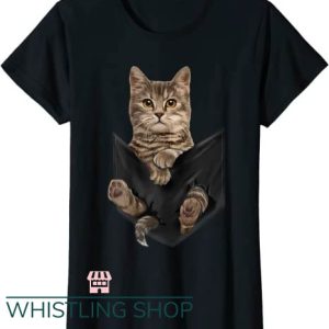 Womens Cat T Shirt Brown Cat Sits in Pocket