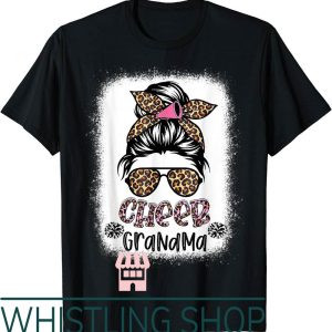 Cheer Grandma T-Shirt Leopard Messy Bun Cheerleader Bleached