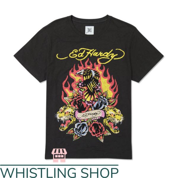 Ed Hardy Tiger T-Shirt Rhinestone Fire Bird Shirt