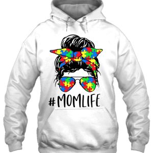 Mom Life Messy Bun Hair Autism Awareness Mothers Day Tees 3