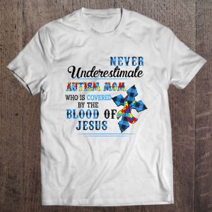 Never Underestimate Autism Mom Who Is Covered By The Blood Of Jesus Puzzle Piece Ribbon Blue Plaid Christian Cross