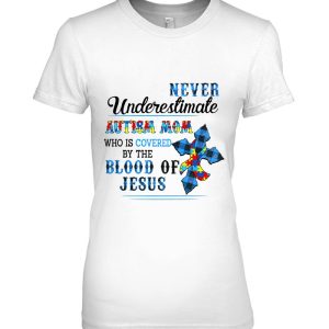 Never Underestimate Autism Mom Who Is Covered By The Blood Of Jesus Puzzle Piece Ribbon Blue Plaid Christian Cross 2