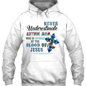 Never Underestimate Autism Mom Who Is Covered By The Blood Of Jesus Puzzle Piece Ribbon Blue Plaid Christian Cross 3
