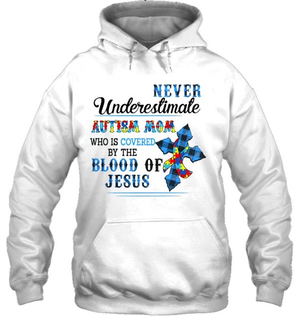 Never Underestimate Autism Mom Who Is Covered By The Blood Of Jesus Puzzle Piece Ribbon Blue Plaid Christian Cross