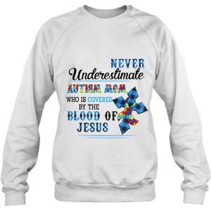 Never Underestimate Autism Mom Who Is Covered By The Blood Of Jesus Puzzle Piece Ribbon Blue Plaid Christian Cross 4