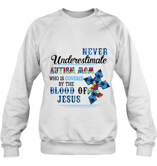 Never Underestimate Autism Mom Who Is Covered By The Blood Of Jesus Puzzle Piece Ribbon Blue Plaid Christian Cross