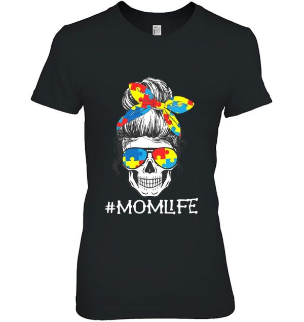 Skull Mom Life Messy Bun Puzzle Autistic Autism Awareness