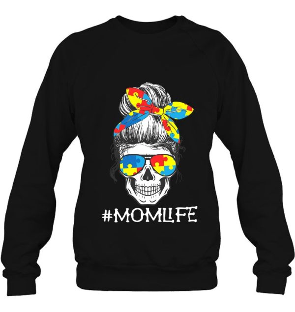 Skull Mom Life Messy Bun Puzzle Autistic Autism Awareness