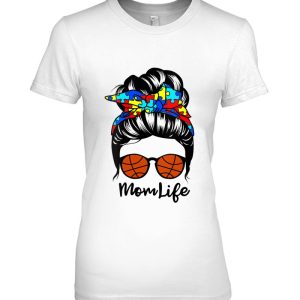 Womens Mom Life Messy Bun Hair Autism Basketball Funny Autism V-Neck