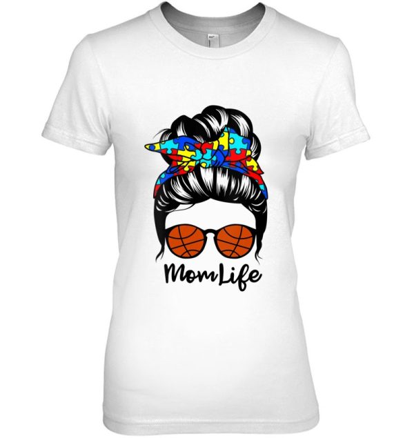 Womens Mom Life Messy Bun Hair Autism Basketball Funny Autism V-Neck