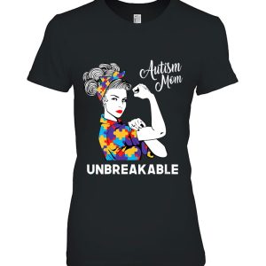 Womens Unbreakable Autism Mom Messy Bun Autism Awareness Day Women V-Neck