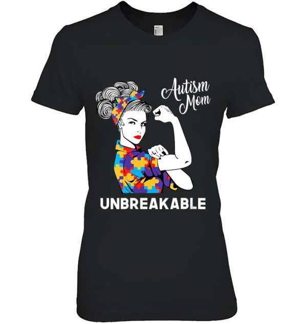 Womens Unbreakable Autism Mom Messy Bun Autism Awareness Day Women V-Neck