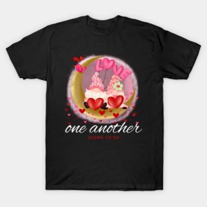 Cute Gnomes On Golden Moon Christian Valentine Love One Another shirt