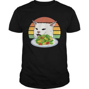 Angry women yelling at confused cat at dinner table meme shirt