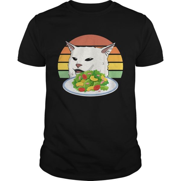 Angry women yelling at confused cat at dinner table meme shirt