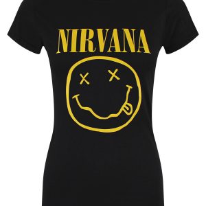 Nirvana Yellow Happy Face Ladies Black T-Shirt