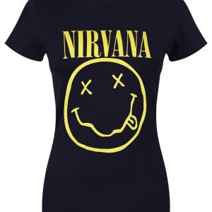 Nirvana Yellow Happy Face Ladies Navy Blue T-Shirt