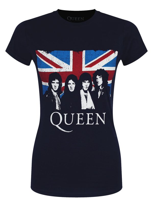 Queen Vintage Union Jack Ladies Navy Blue T-Shirt