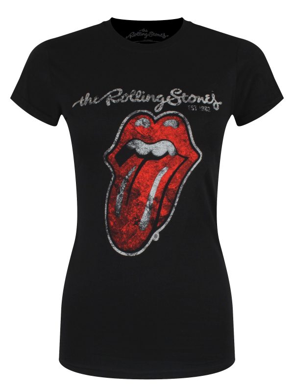 Rolling Stones Plastered Tongue Ladies Black T-Shirt