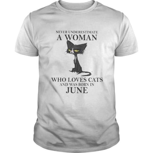 Never underestimate a woman who loves black cats and was born in june shirt