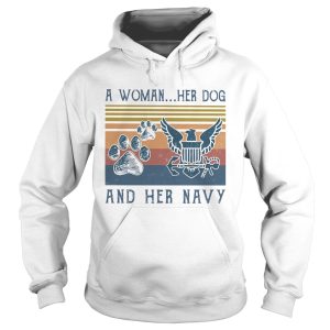 A woman her dog paw and her navy vintage retro shirt 1