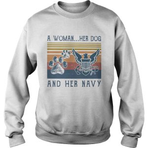 A woman her dog paw and her navy vintage retro shirt