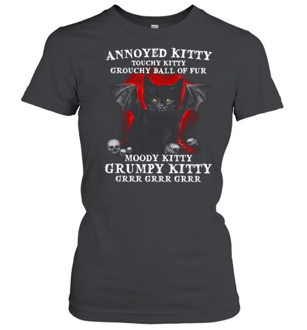 Annoyed Kitty Touchy Kitty Grouchy Ball Of Fur Moody Kitty Grumpy Kitty Black Vampire Cat With And Skulls Shirt