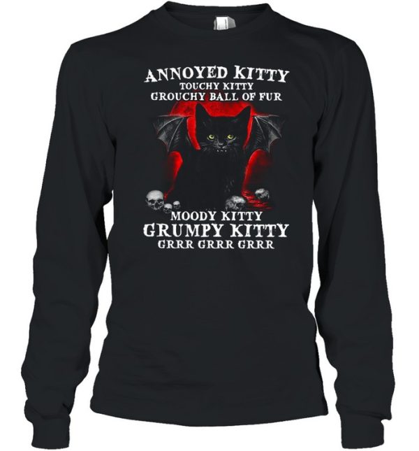 Annoyed Kitty Touchy Kitty Grouchy Ball Of Fur Moody Kitty Grumpy Kitty Black Vampire Cat With And Skulls Shirt