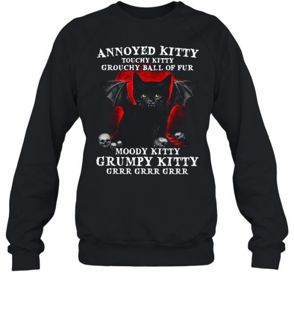 Annoyed Kitty Touchy Kitty Grouchy Ball Of Fur Moody Kitty Grumpy Kitty Black Vampire Cat With And Skulls Shirt