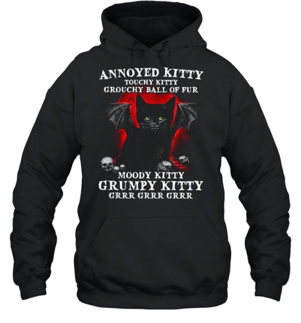 Annoyed Kitty Touchy Kitty Grouchy Ball Of Fur Moody Kitty Grumpy Kitty Black Vampire Cat With And Skulls Shirt