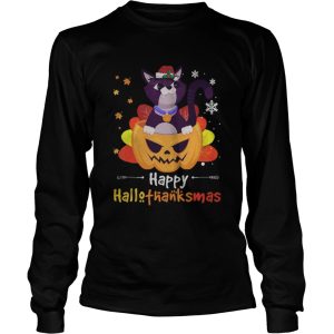 Black Cat Halloween And Merry Christmas Happy Hallothanksmas shirt 2