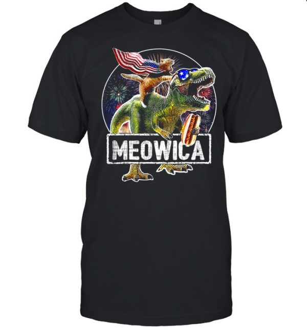 Cat Riding Dinosaur Meowica 4th of July shirt