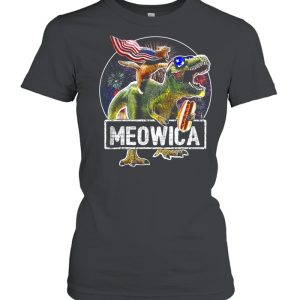 Cat Riding Dinosaur Meowica 4th of July shirt 2