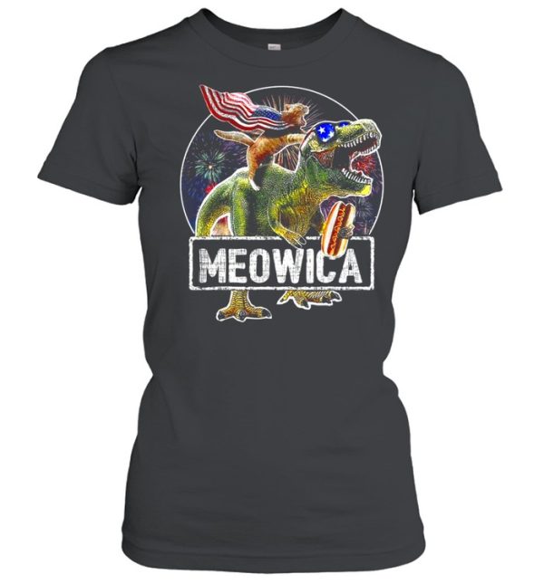 Cat Riding Dinosaur Meowica 4th of July shirt