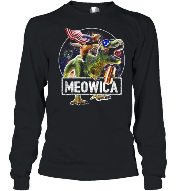 Cat Riding Dinosaur Meowica 4th of July shirt