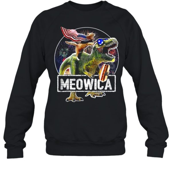 Cat Riding Dinosaur Meowica 4th of July shirt