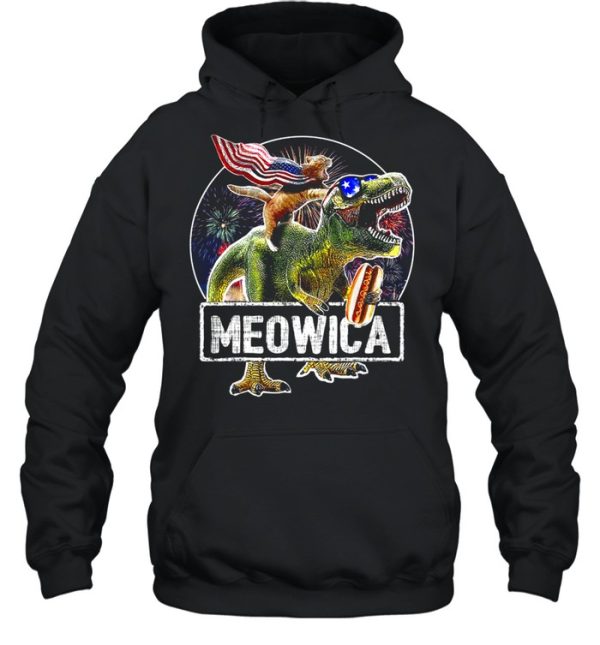 Cat Riding Dinosaur Meowica 4th of July shirt