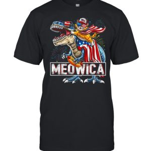 Cat Riding Dinosaur Meowica American Flag Independence Day 4th Of July shirt 1