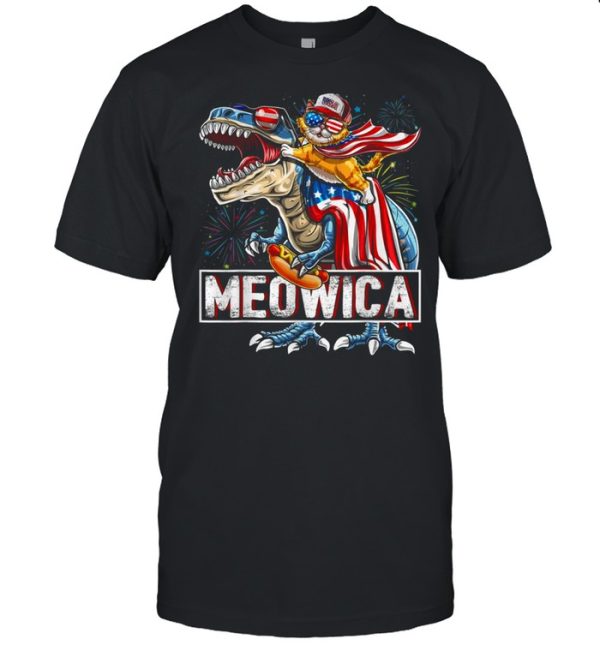 Cat Riding Dinosaur Meowica American Flag Independence Day 4th Of July shirt