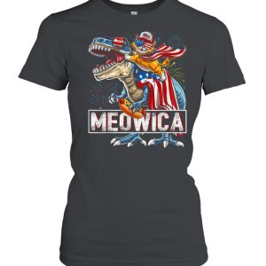 Cat Riding Dinosaur Meowica American Flag Independence Day 4th Of July shirt