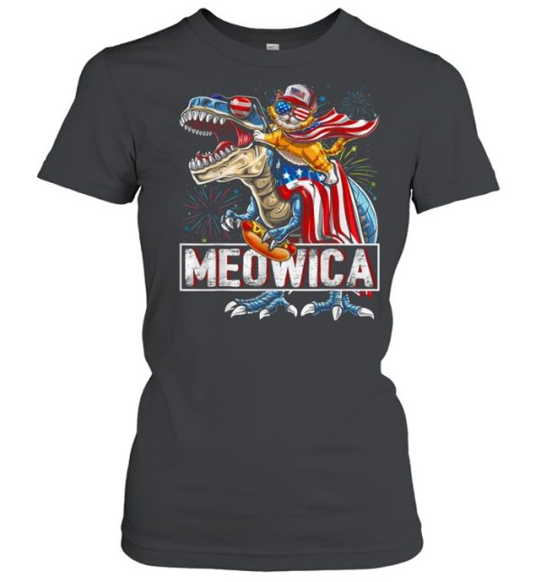 Cat Riding Dinosaur Meowica American Flag Independence Day 4th Of July shirt