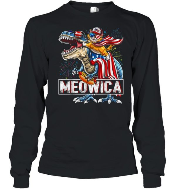 Cat Riding Dinosaur Meowica American Flag Independence Day 4th Of July shirt